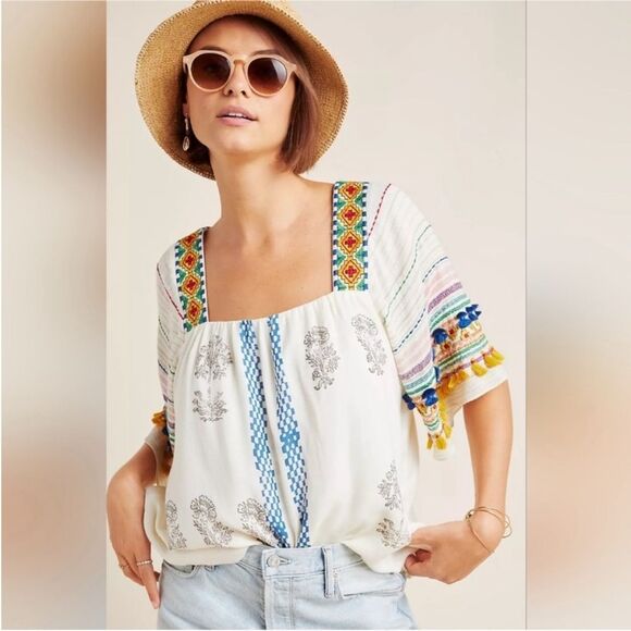 Anthropologie Tops - Anthropologie Vineet Bahl Kiera Embroidered Boho Peasant  Blouse XS - Runs Large